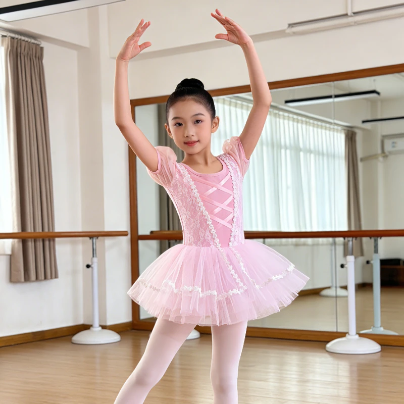 

Girls Ballet Tutu Dress Princess Puff Sleeve Lace Tulle Ballerina Outfit Kids Dance Performance Costume with Satin Criss-Cross