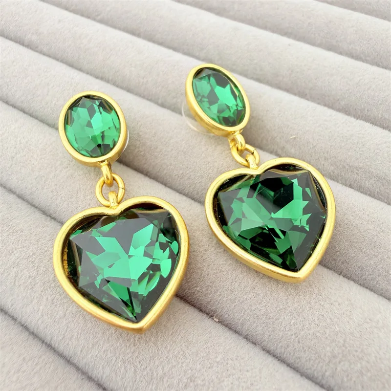 Os Vintage Emerald Green Heart Stud Earrings,Gold-plated Two-Tier Oval & Love Heart Faceted Crystal Dangle for Women Party Gifts