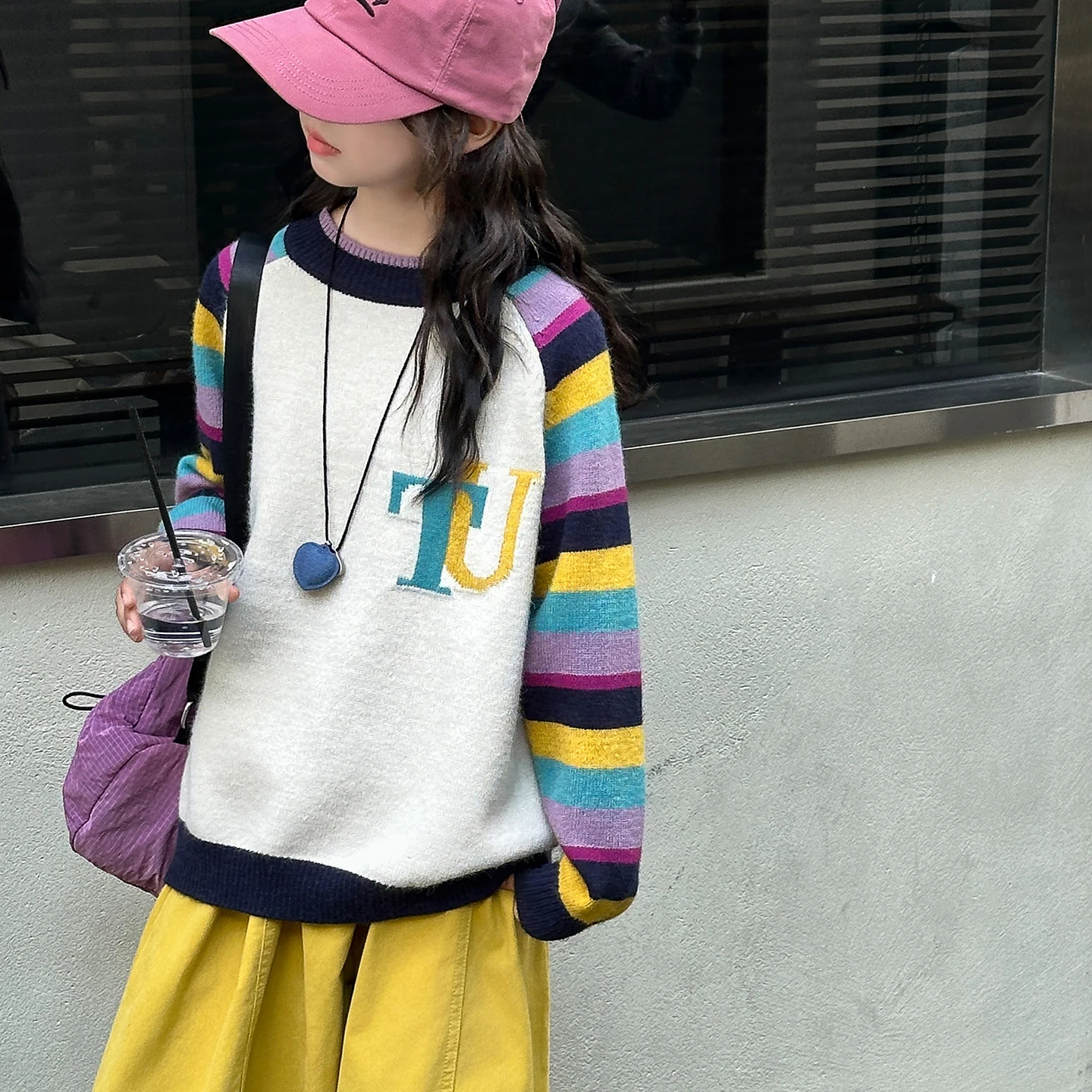 

New Arrivals Children's Sweater for Kids Girl Fashion Splicing color striped sleeves cartoon rabbit sweaters Loose Knitwear Tops