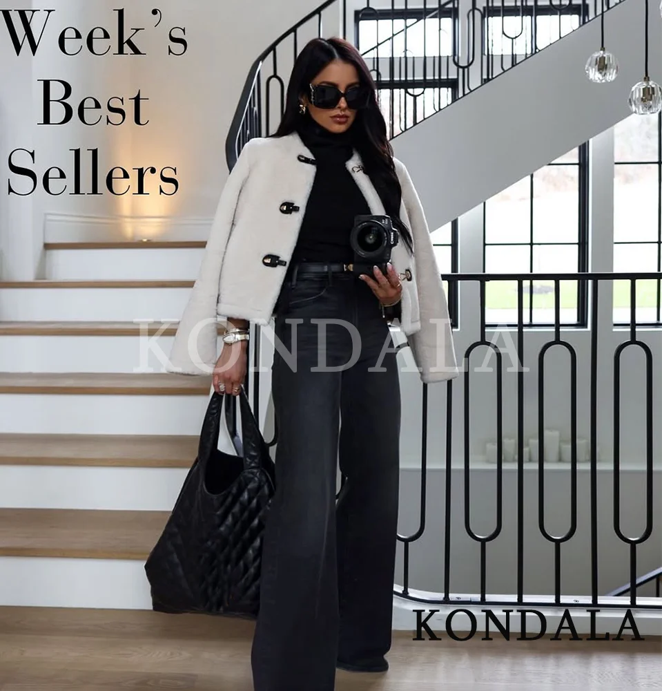 

KONDALA осень-зима элегантная меховая куртка с узлом женская тонкая двусторонняя куртка из искусственного меха 2025 модное романтическое милое женское пальто