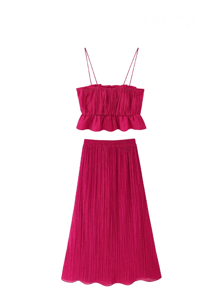 HH レディース エレガント ノースリーブ バックレス プリーツ装飾 スリング ショートトップ+伸縮性ウエスト リボン レースアップ サマー ミディスカート セット