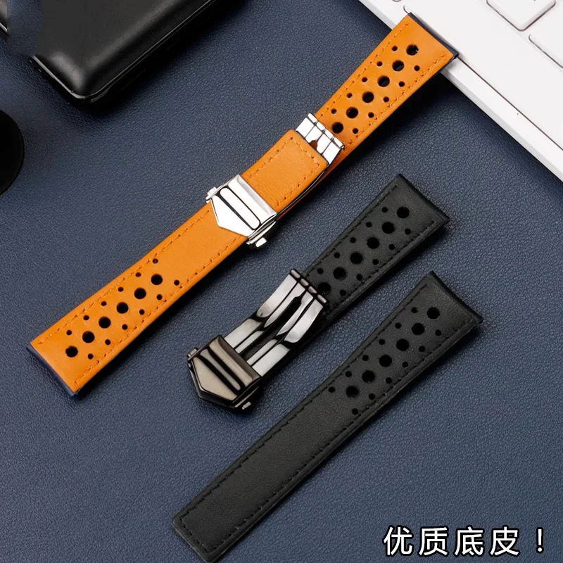 Pulseira de couro respirável 22mm para tag heuer monaco carrera cbl2115 pulseira de relógio de couro masculino fivela dobrável pulseira