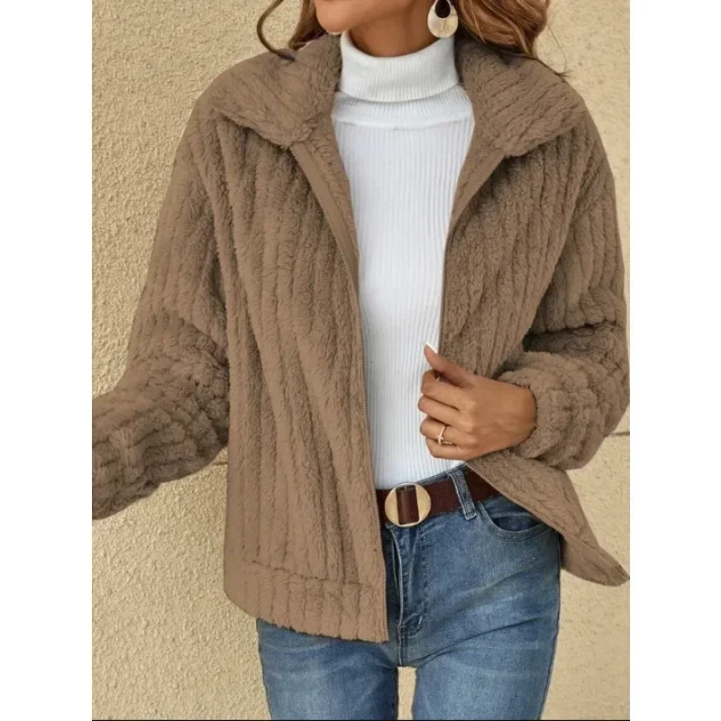 Women Flush Fleece Long Sleeve Coat Jacket Home Wear Warm Solid Color Autumn Winter Zipper