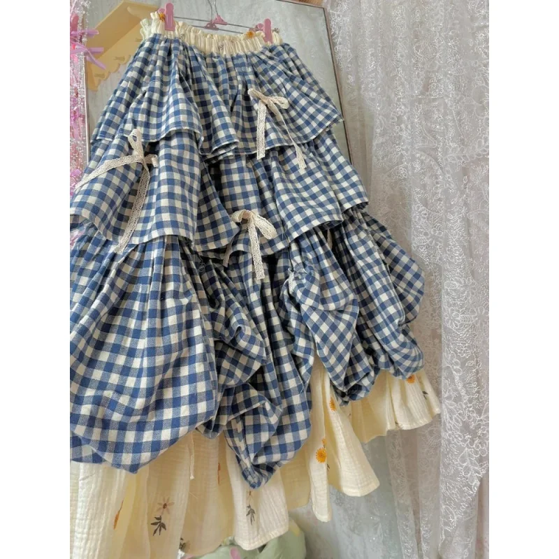 

Корейская милая посадка, шикарная клетчатая лоскутная юбка, женская новая мода, винтажные пышные юбки с бантом и принтом, Harajuku Y2k, милая весенняя одежда