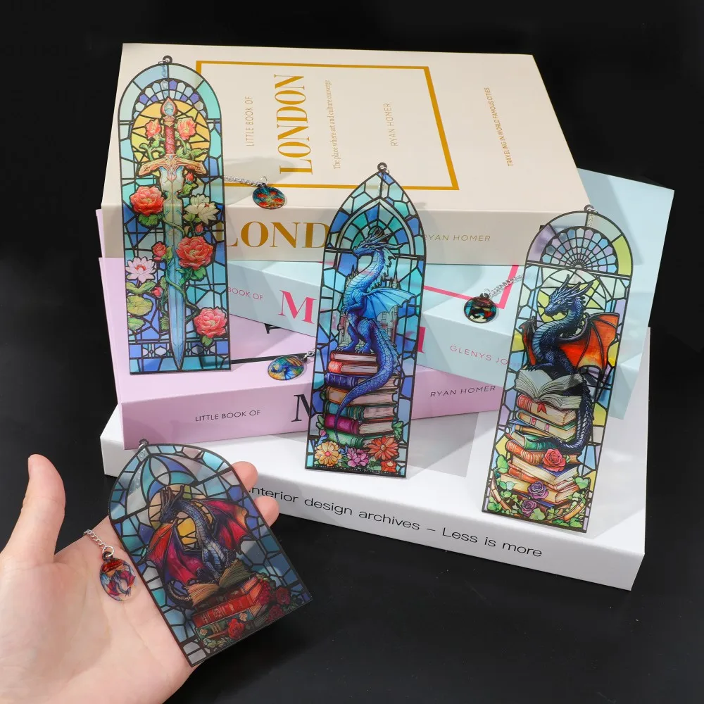 Colorful Glass Dragon Bookmark, a Gothic Window Inspired Transparent Page Marker Gift for School Office Supplies for Women and B