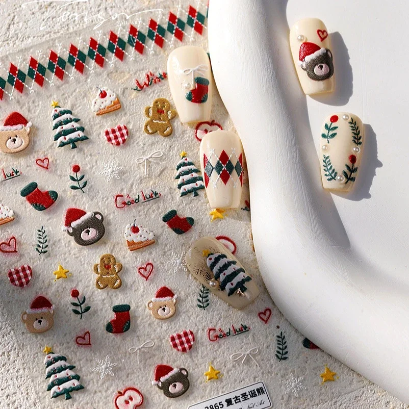 Christmas Tree Winter Cake Apple Bear Bowknot Cane Star Socks Flower Santa Crystal Ball Star Nail Art Stickers Manicure Decals