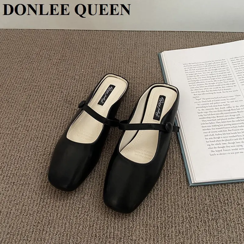 New Brand Slippers Women Square Toe Slip On Mules Shoes Fashion Mary Janes Flats Heel Ladies Slides Female Spring Loafers Mujer