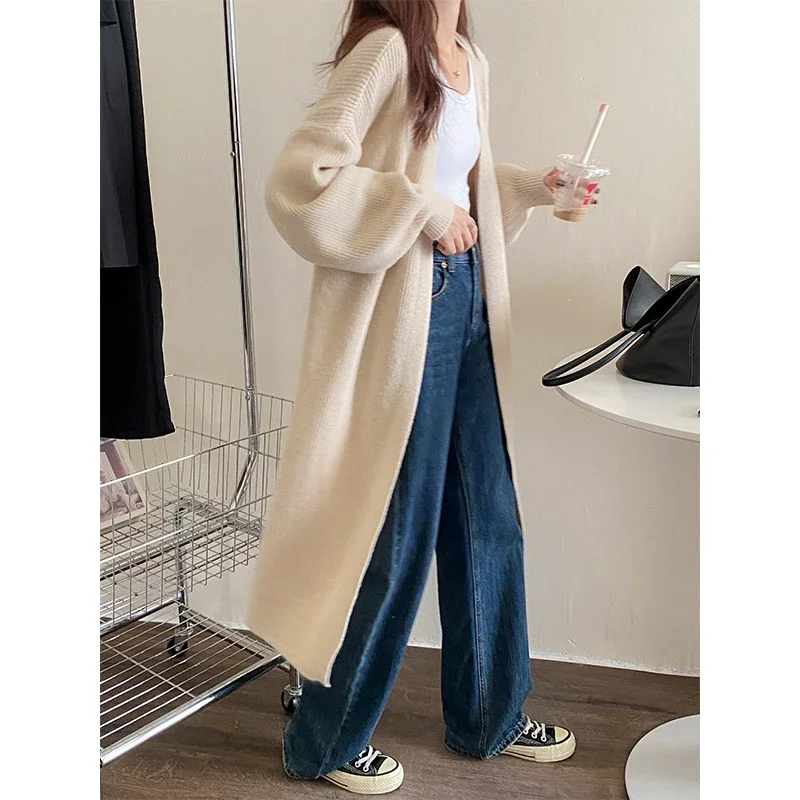 Blue Cashmere Long Cardigan Women Chic Loose 2023 Winter Elegant Knitted Cardigans Ladies Korean Open Stitch Sweater Knitwear