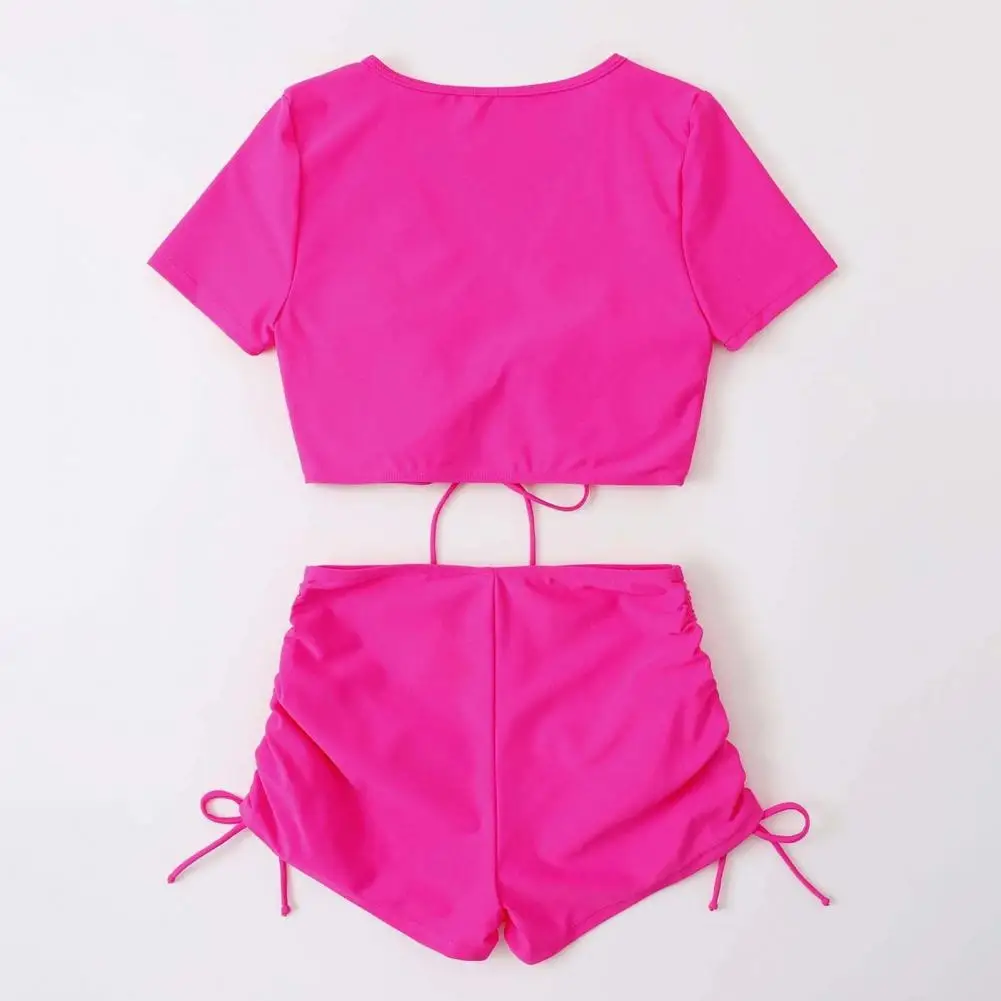 Bow Tie Swimsuit Sexy Bikini Stylish Women's Summer Bikini Set with V-neck Short Sleeve Tops High Waist Drawstring for Beach