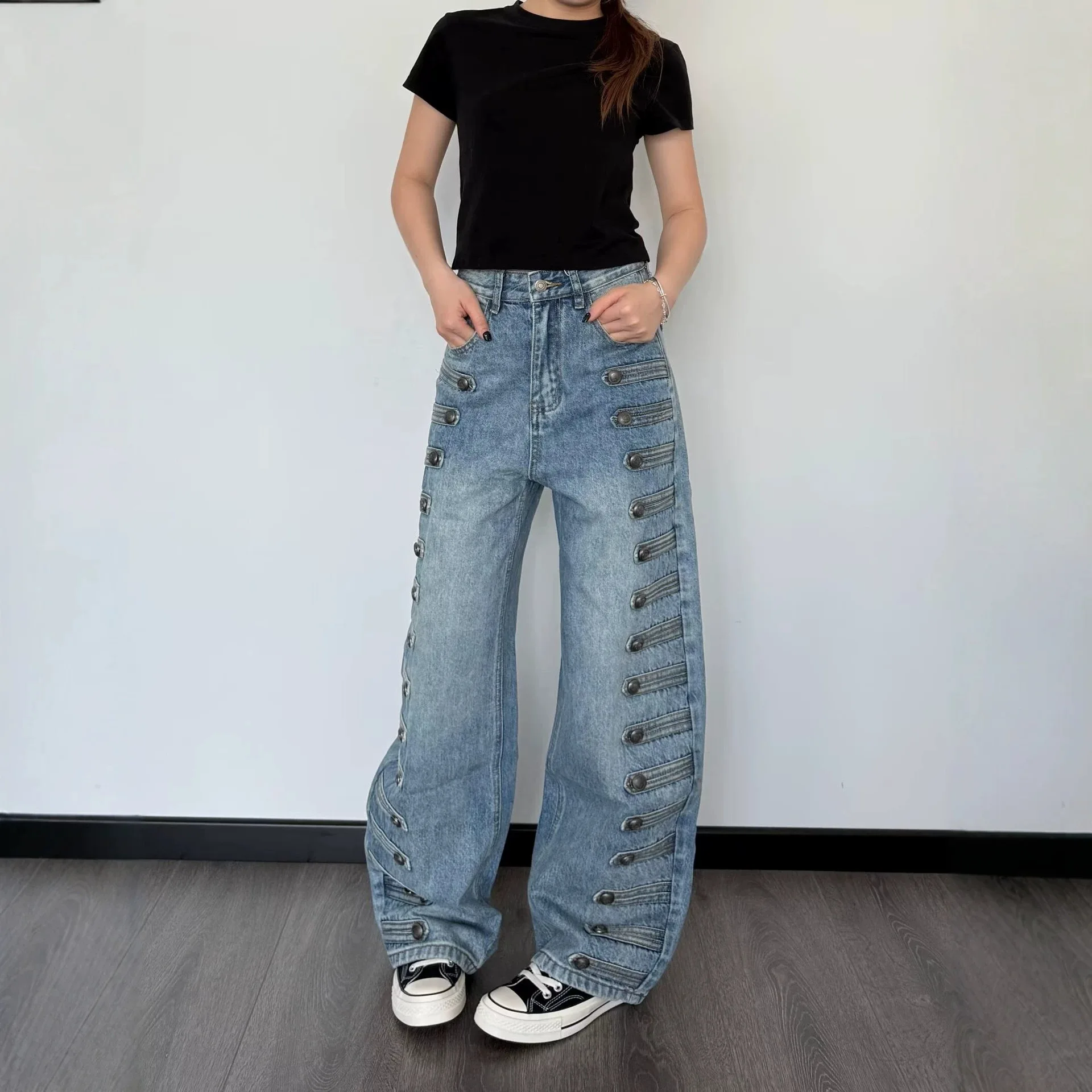 Retro Double Button Decorative Washed Denim Long Pants Straight Leg Natural Waist Jeans for Teenage And Youth Girls