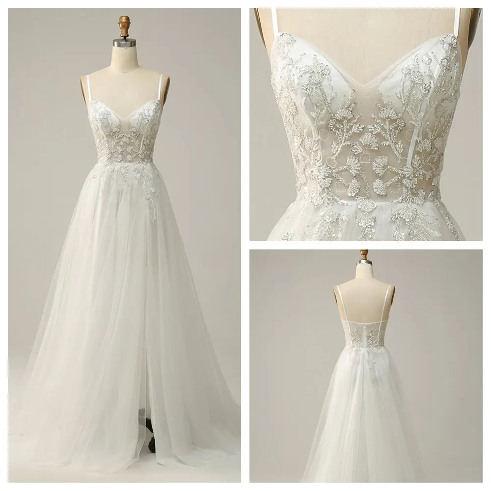 

Customized A-line V-Neck Evening Dresses Side High Slit Tulle Long Prom Gown Sequin Beading Lace Appliques Party birthday Dress