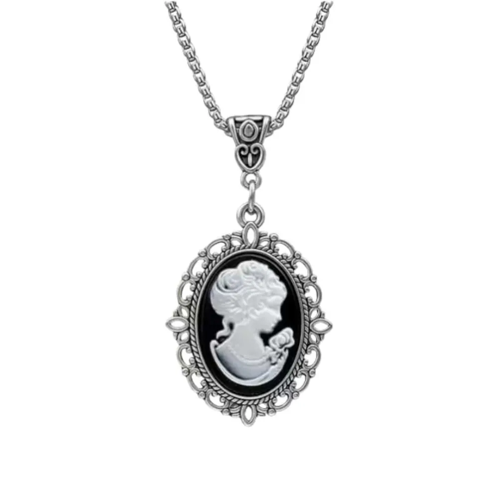 Victorian Vintage Oval Ancient Silver Filigree Frame Portrait Cameo Pendant Necklace for Women Stainless Steel Chain Jewelry