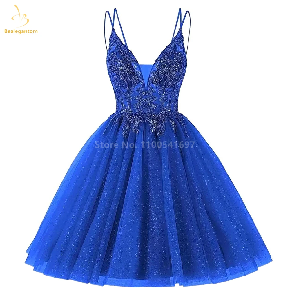 Bealegantom Spaghetti Strap V Neck Short Homecoming Dresses A-Line Backless Beaded Mini Prom Cocktail Graudation Party Gowns