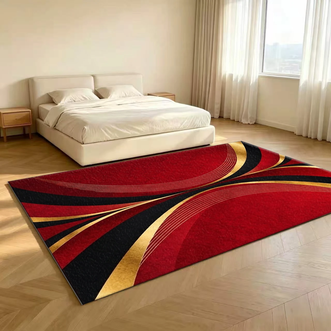 Luxurious Red Gold Black Curved Line Carpet Modern Art Non-Slip Carpet Floor Mat Suitable for Living Room Bedroom Home Decoration