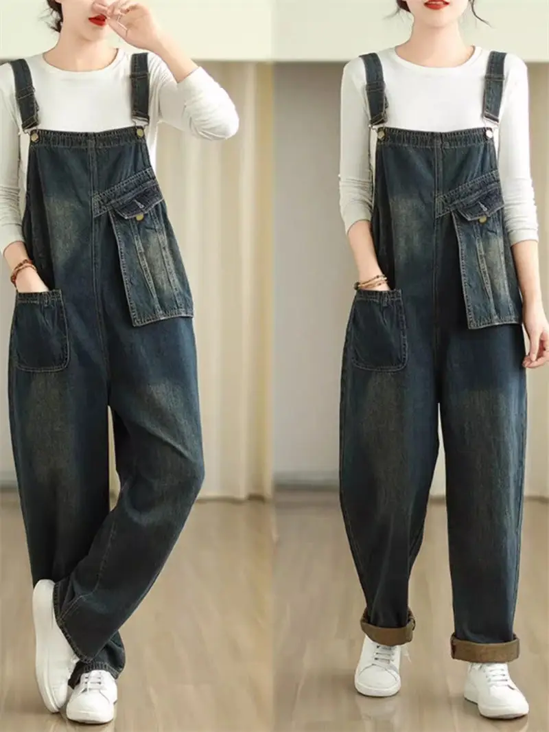 

Denim Strap Pants For Women Spring And Autumn 2024 New Korean Loose Fitting High Waist Jeans Jumpsuit Overall Trousers Z4667