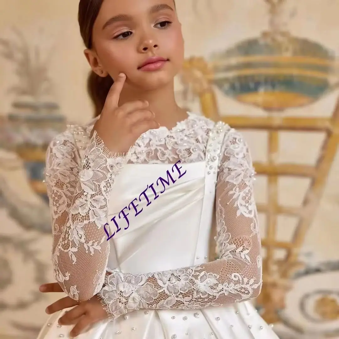 Customized Ivory Lace Satin Flower Girl Dress with Puffy Applique Pearls Full Sleeves for Kids Birthday First Communion Wedding