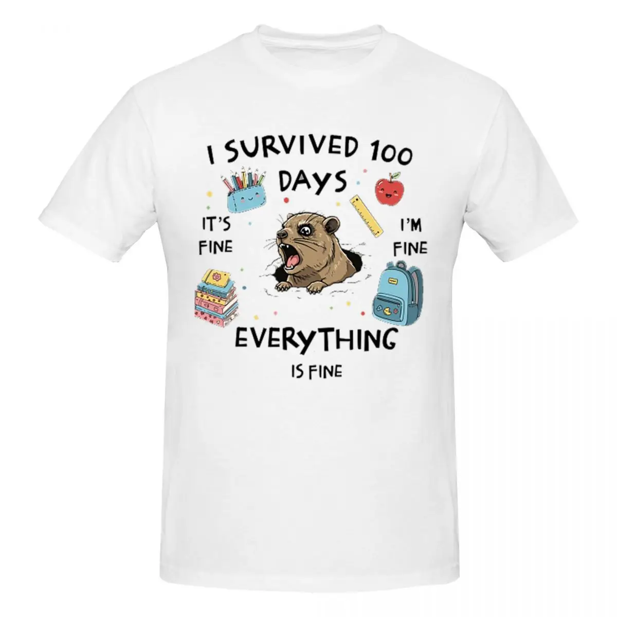 I Survived 100 Days Of School It's Fine I'm Fine Rock Hyrax Awawa Men T-Shirt Plus Size T Shirts Men's Round Neck Cotton Tees