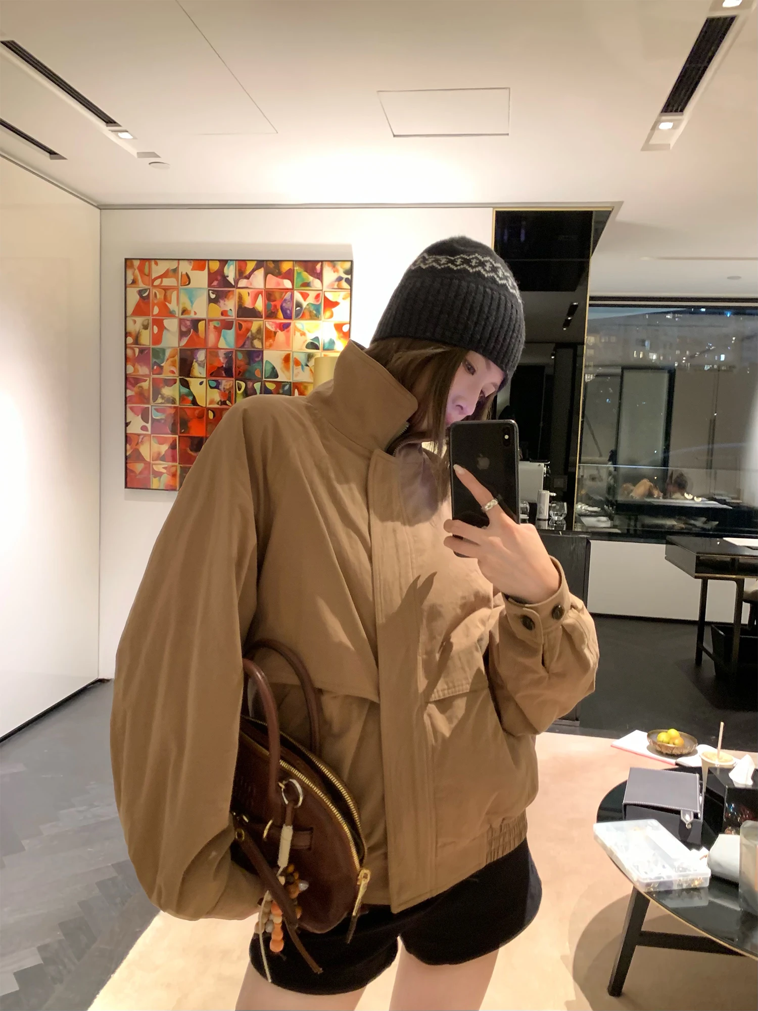 

Khaki Stand Collar Zipper Jaet Loose Casual Women's Cotton Svel Coat oulder Zipper Design Daily Wear PPLAND