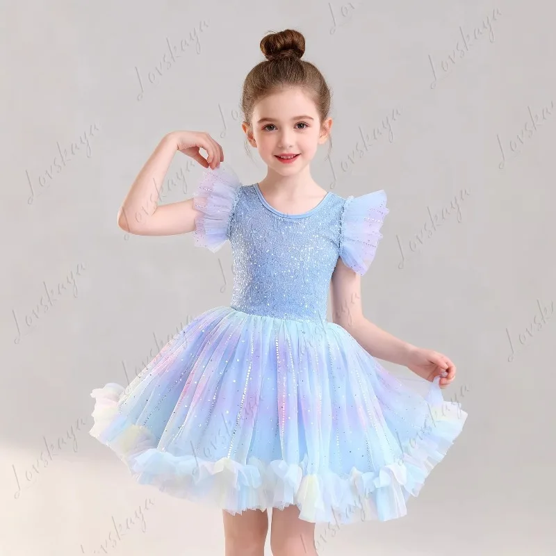 

Blue Sequin Kids Fly Sleeve Ballet Dress Girls Dance Exam Performance Costume