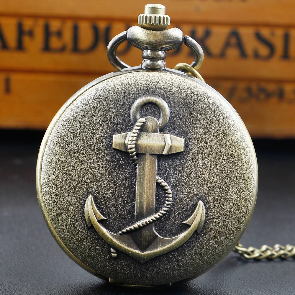 New vintage bronze boat anchor relief quartz necklace pocket watch for men and women as collectibles relogio masculino