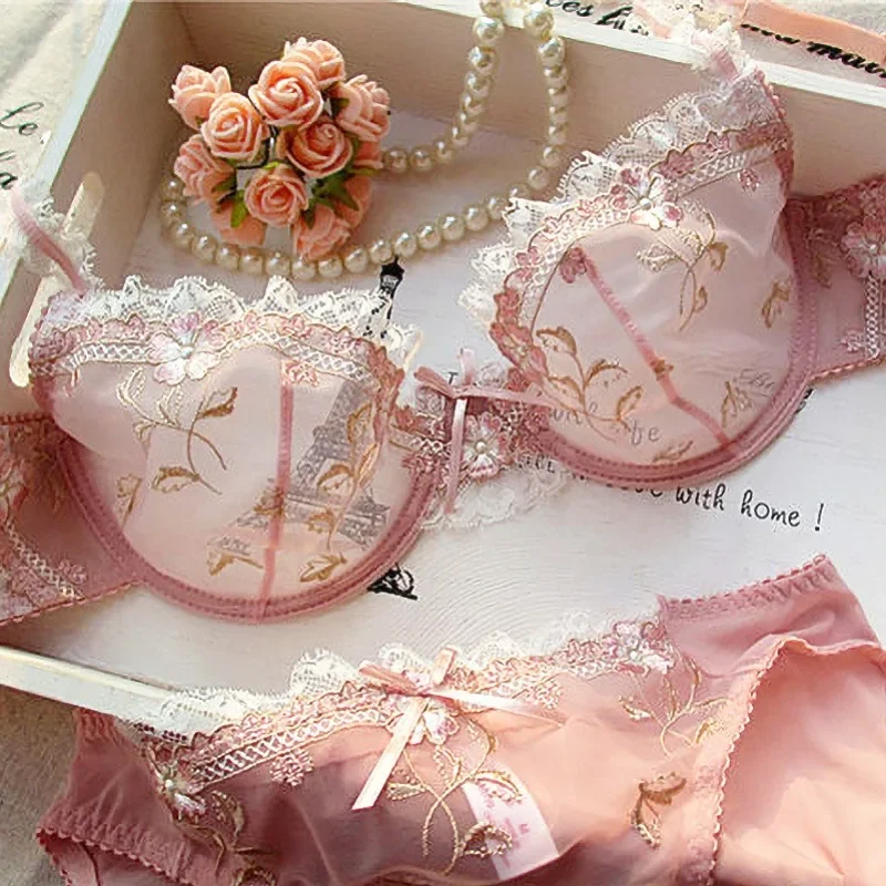 New Arrival Luxury Pure Desire Lace Tulle Sexy Panties Lingerie Set Lilacs Embroidery Girl Boobs Big Size Big Boobs Small - Image 4