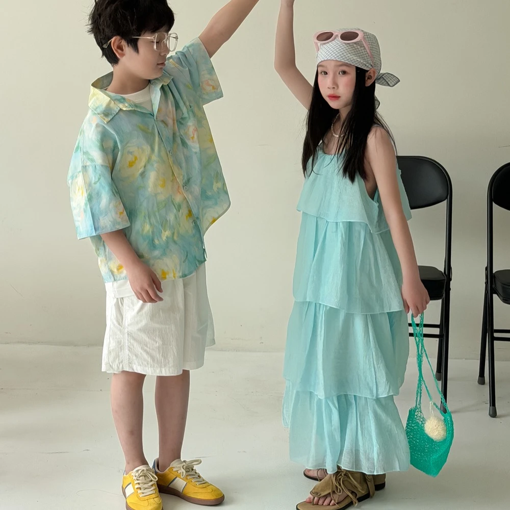 

Set 2026 Spring and Summer New Childrens Clothing Korean Style Boys and Girls Ink Painting Shirt Shorts Dress Brother and Sister