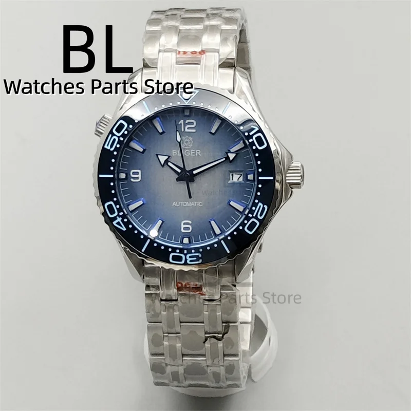 BLIGER 41mm NH35 Automatic Mechanical Watch For Men Sapphire GlassBlue Ceramic Bezel Gradient Ice Blue Dial Luminous Date Window