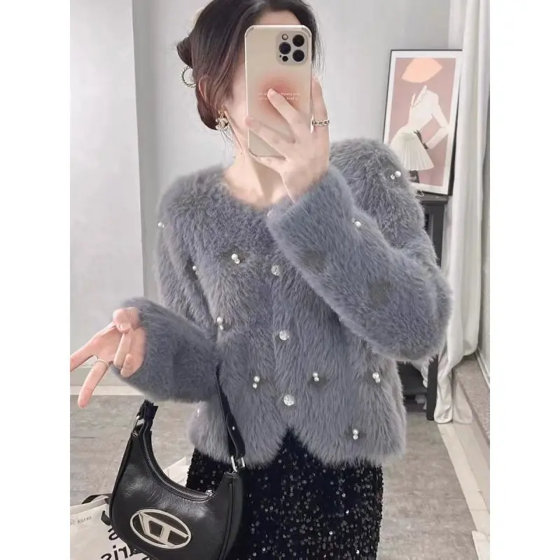 Mink Cashmere Knitted Cardigans Sweater Coats Women Spring Autumn Thicken Embroidered Flares Solid Color Luxury Tassels Tops