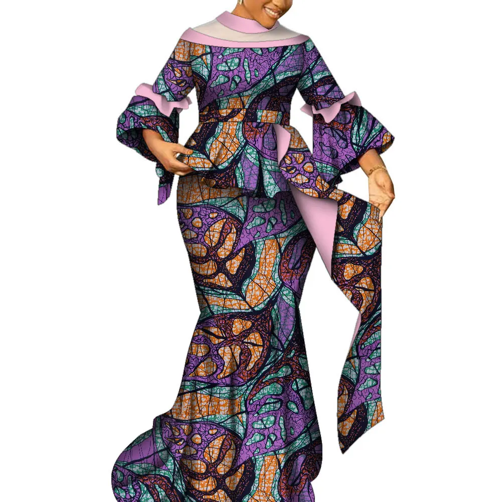 여성을 위한 아프리카 투피스 세트 전통 앙카라 다시키 플레어 슬리브 탑과 롱 스커트 정장, 드레스 파티 의류 WY9603