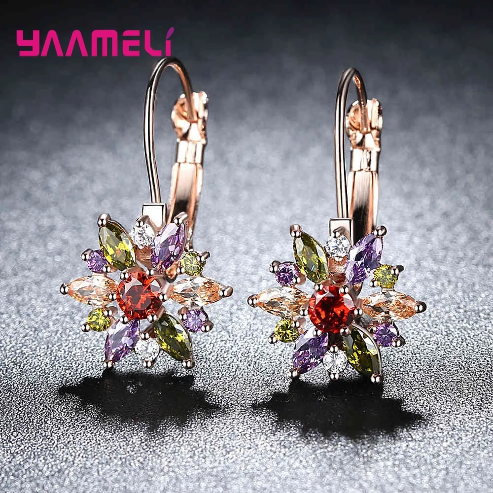 Trendy Colorful Crystal Leaves Inlaid Rhinestone Flower Golden 925 Sterling Silver Drop Earrings For Women Wedding Party Jewelry