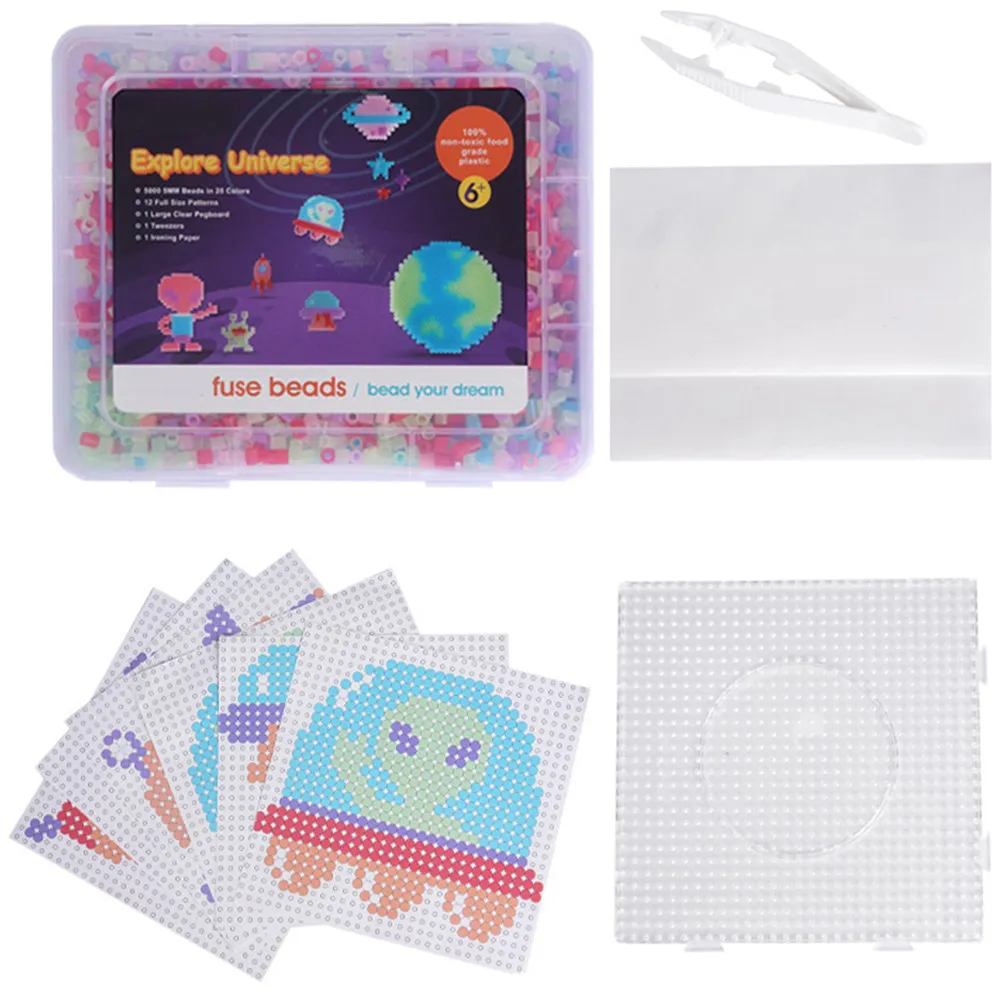 1Set Luminous Melting Beads Kit 5Mm Fuse Beads for Kids Crafts Iron Bead Art Set with Pattern Templates Pegboard Stem Craft
