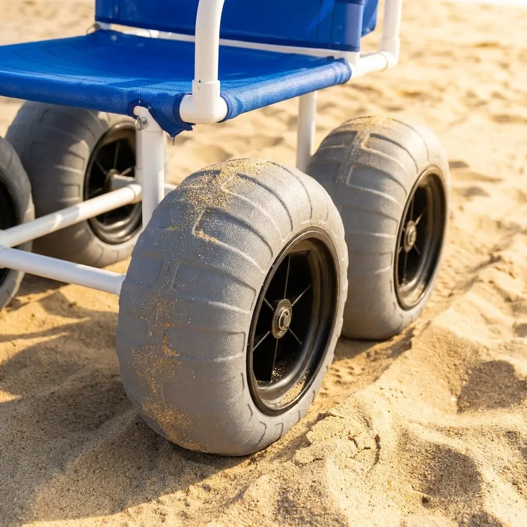 Portable PVC Frame Beach Wheelchair with Four 16 Inch PU Wheels for Sand and Outdoor Accessibility