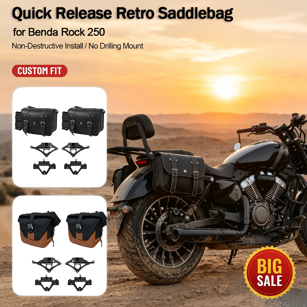 Quick Release Retro Motorcycle Saddlebag Canvas Leather Side Luggage Waterproof Large Capacity Fit for Benda Rock 250