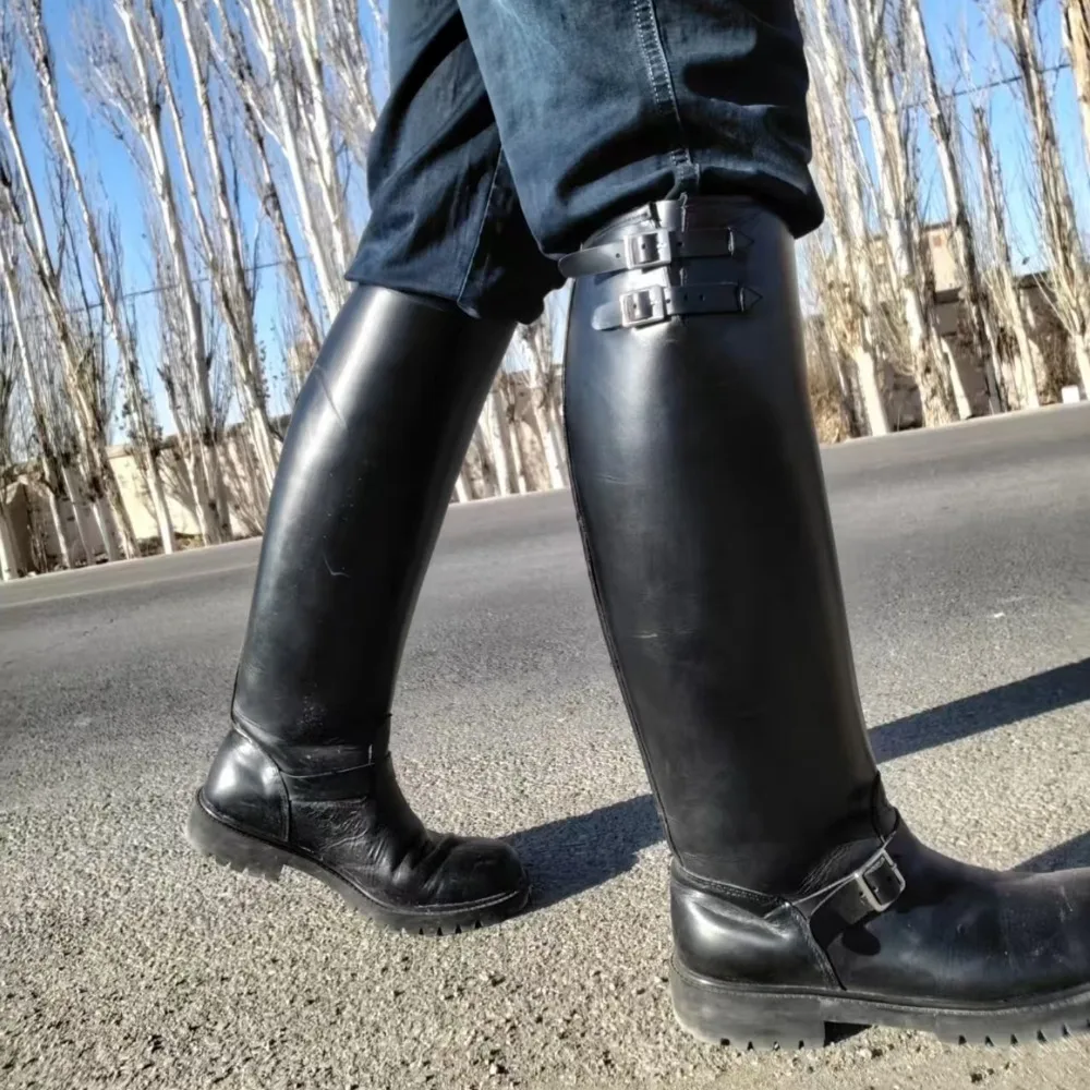 Fashion Men's Genuine Leather British Long Chelsae Boots Knee High Buckle Strap Riding Knight Boots Thick Heel Engineer Boots - view 3