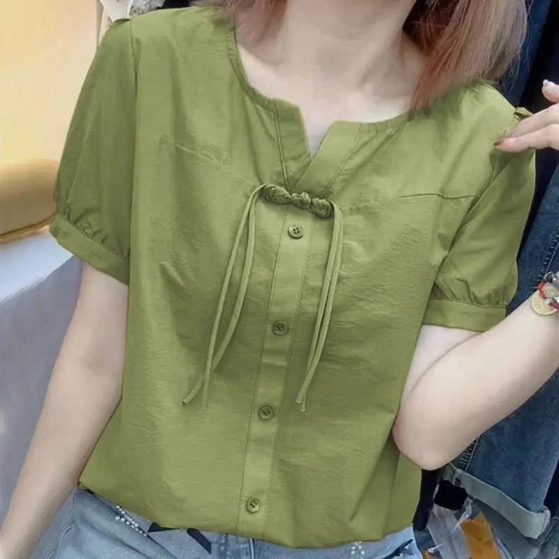 

Summer New Cotton Chinese Style Drawstring Short Sleeved Shirt Women's Solid Round Neck Thin Button Waist Collection Loose Top