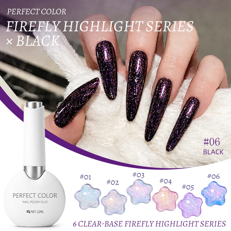 PERFECT COLOR Firefly Highlight Gel Nagellack 6 Farben Glitzer Schimmer Nagelgel UV LED Aushärtung Aurora-Effekt Gel Nagellack für Nagelkunst