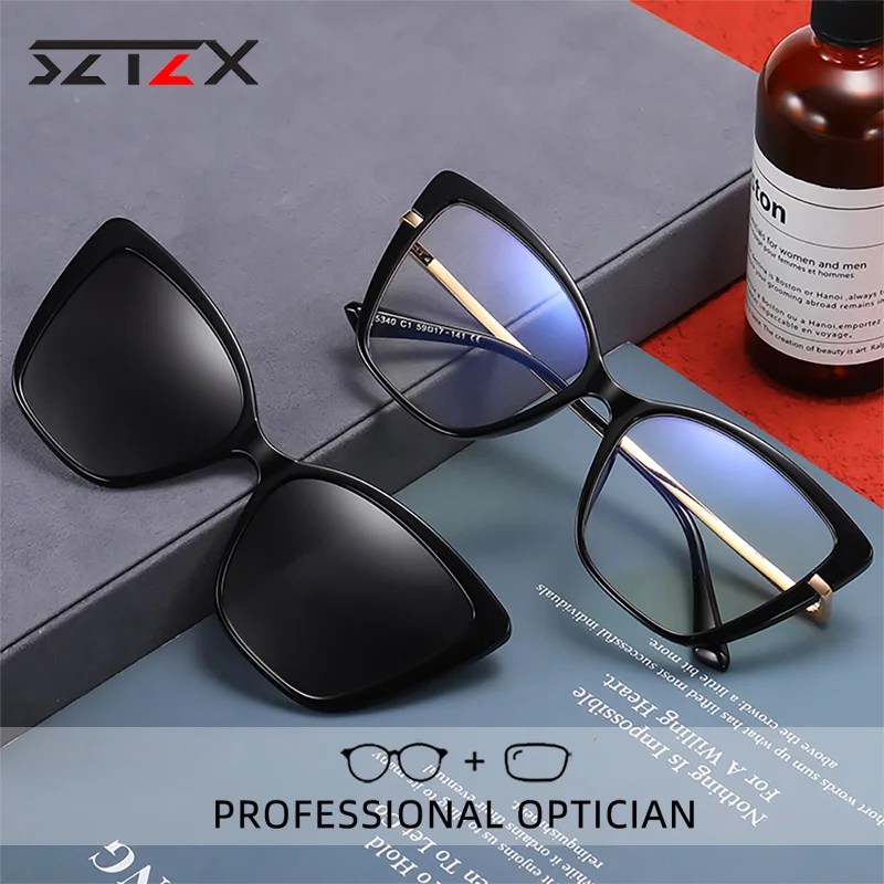 

SZTZX New Cat Eye Magnet Clip On Prescription Glasses Women Anti-Blue Ray Myopic Hyperopia Reading Glasses Polarized Sunglasses