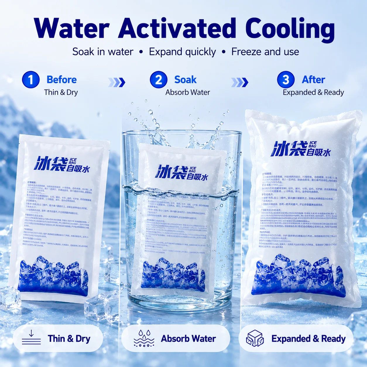 50PCS Water Activated Ice Pack Reusable Self Absorbing Ice Bag Dry Gel Cooling Pack for Lunch Box Cooler Food Shipping
