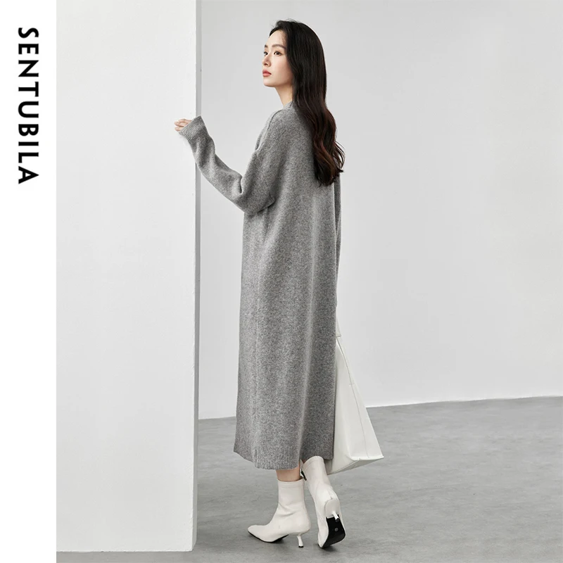 SENTUBILA Wełniana dzianinowa długa sukienka dla kobiet 2024 Winter Casual Simple Loose Fit Drop Sleeve Comfort Knit Sweater Dress W44L57649