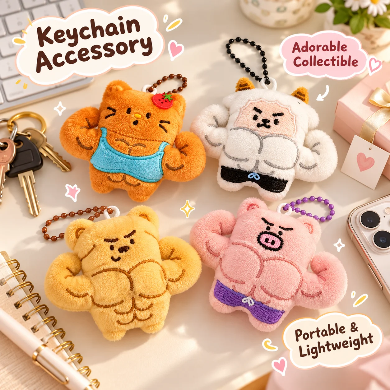 Fitness Muscle Animal Keychain, Funny Plush Doll Pendant, Cute Backpack Charm for Gym Lovers
