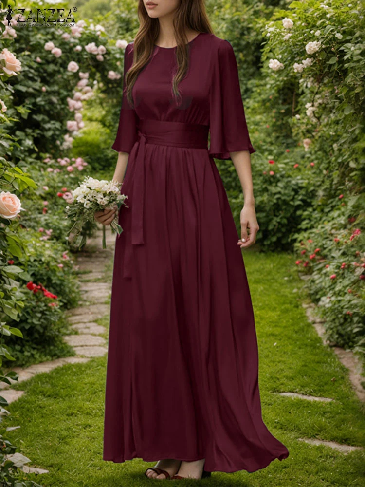 ZANZEA femmes robe d'été 2025 élégant européen à volants longue ourlet fendu Satin soie robe mode ceinture O cou demi manches fête Vestido