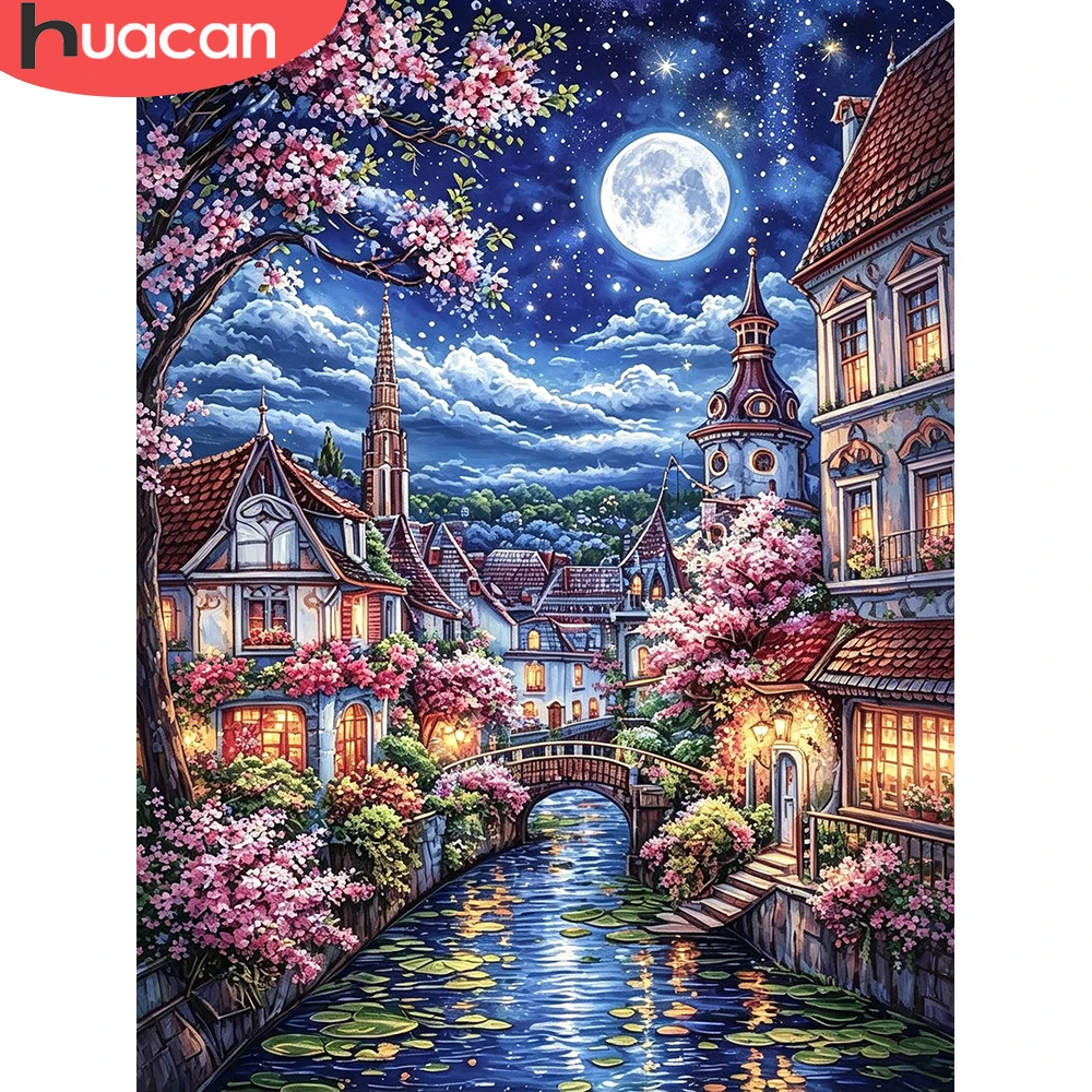 HUACAN Diamond Painting New Arrival Castle Landscape City Street Diamond Mosaic House Cherry Blossom Wall Decor Full Kits