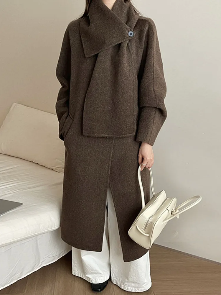 ZMEENNA スタイリッシュなレディースネクタイベルトウールブレンドラップコートロングスカーフ襟特大フィット暖かい冬のアウター ZM3657