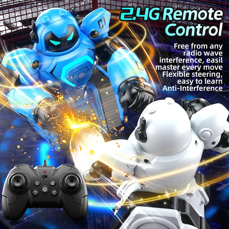 

2‑Player Boxing Robot Set, DIY Weapons, 360° Spin, Soccer Mode,USB Rechargeable, Interactive Battle with Pop‑Out Figures for Kid