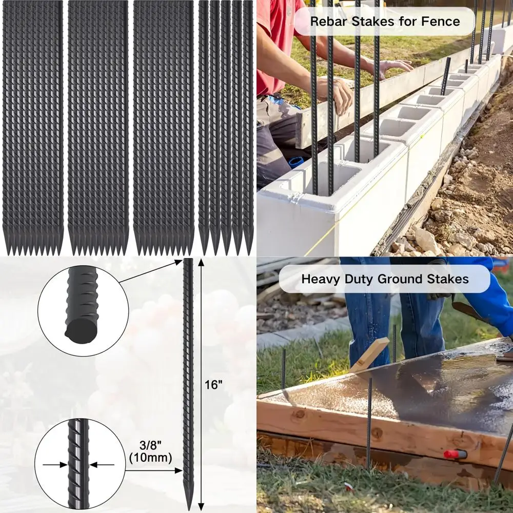 

Heavy-Duty 3/8 Thick 16 Garden Rebar Stakes, 34 Pack, Chisel Point Ends for Ground Stabilization