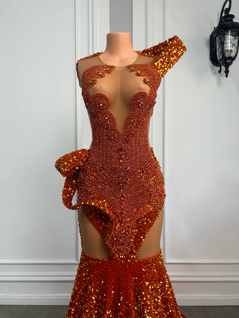 Long Orange Prom Dress 2026 Gorgeous Sexy Mermaid Sheer Mesh Sparkly Sequin Black Girls Prom Party Gowns