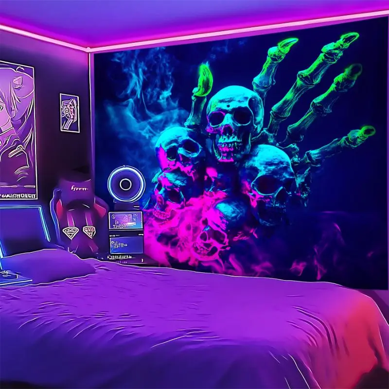 VIKAMA UV Fluorescent Death Skeleton Tapestry Neon Psychedelic Horror Skull Wall Hanging Bedroom Dorm Party Decor