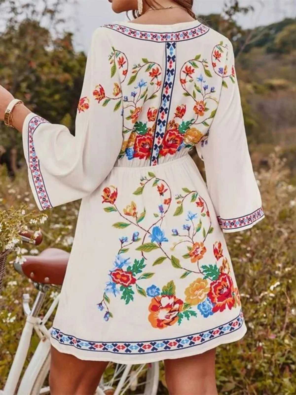 Slimming Floral Print ort Dr Women's Waist-Cinching  Dr Street Sle Long Sve Summer Faion for 25-35 Years Old