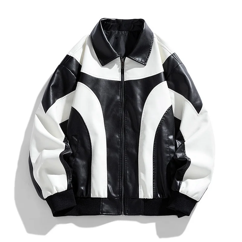 New Men's PU Leather Motorcycle Jacket Unisex Biker Riding Jacket Fashion Color Blocking Leather Jacket Windproof Casual Coat