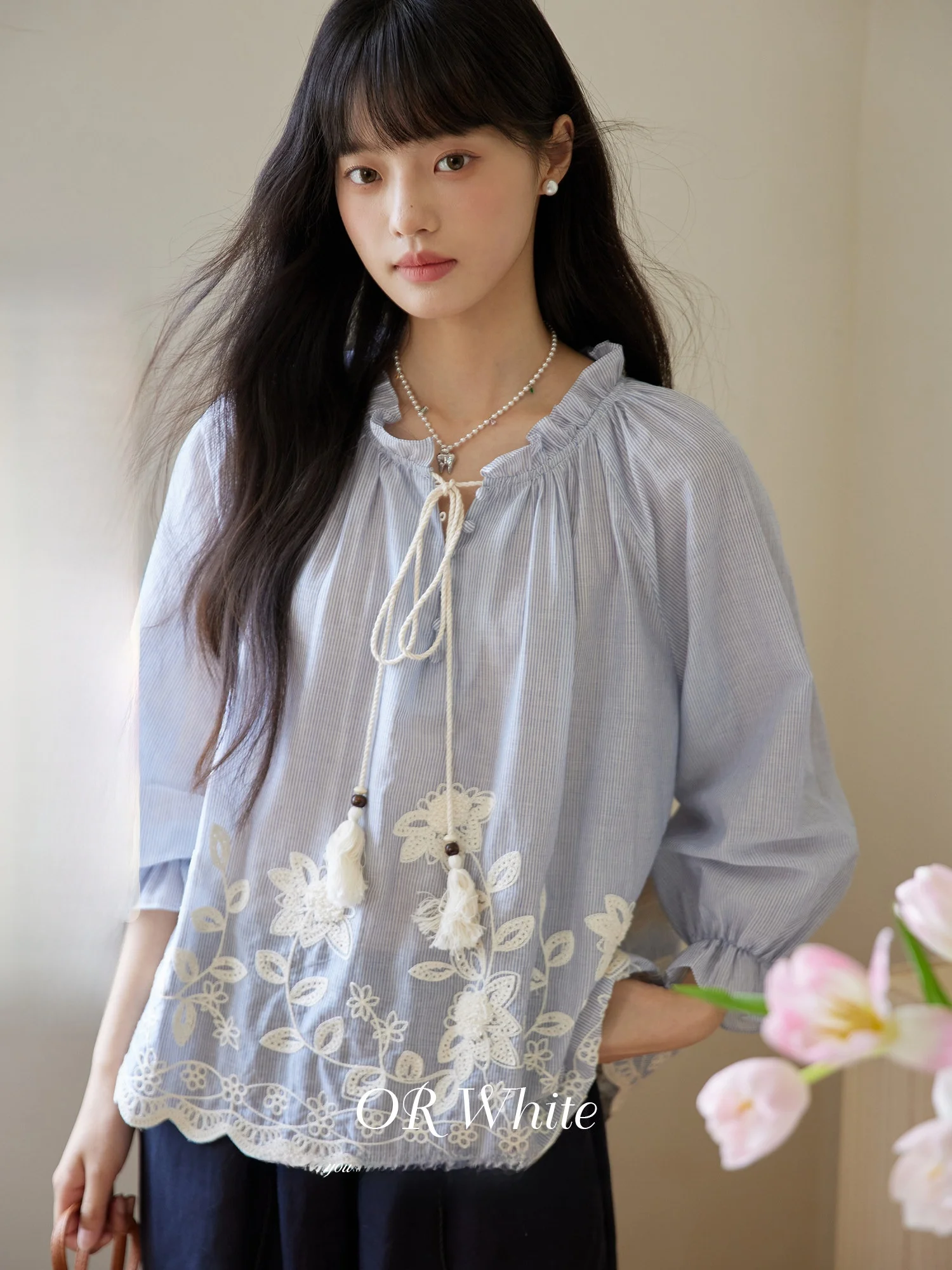 

Blue Ruffled Hem irt Women's Eight Sve Vintage Artistic Sle Cotton Pure Breathable Loose Fit round Ne Zipper Closure